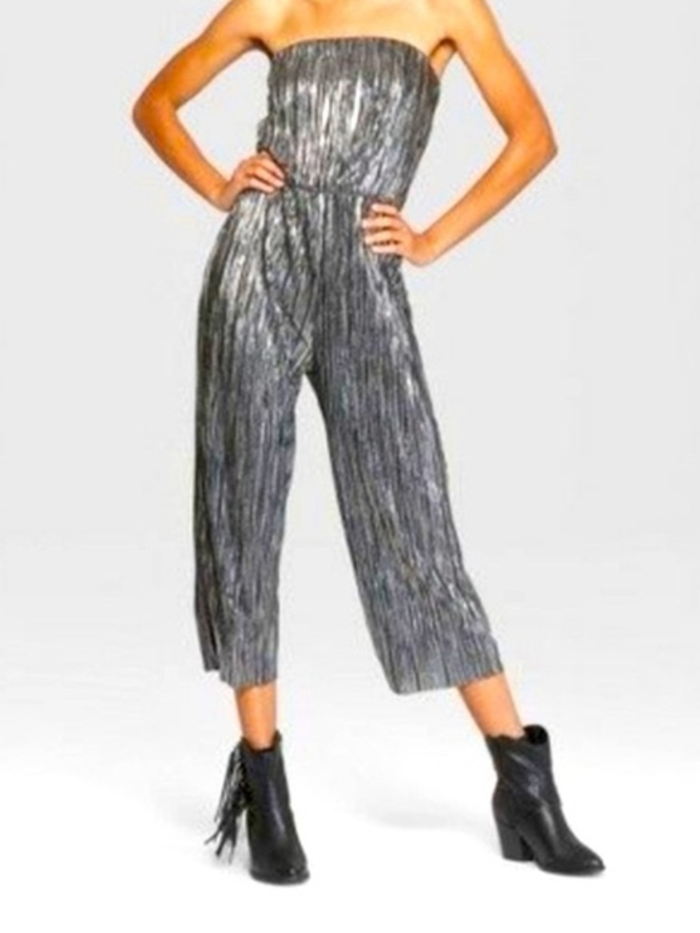 Wild Fable Silver Metallic Plissé Strapless Jumpsuit Small Boho Glam Studio 54
